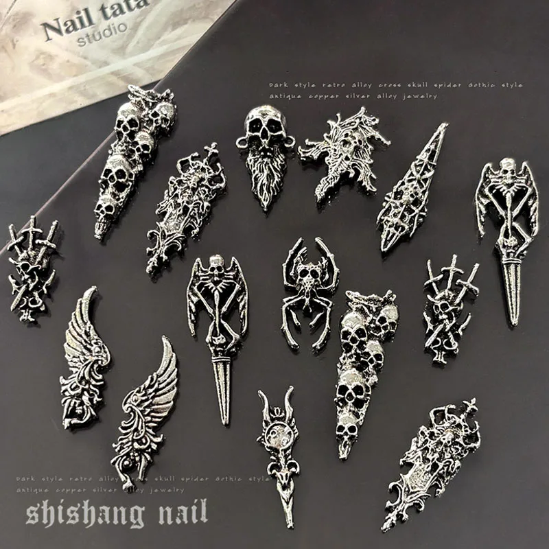 2026 NEW 10/11pcs Gothic Punk Style Nail Art Charms Antique Silver Alloy Skull and Cross Halloween Nail Decorations view 4