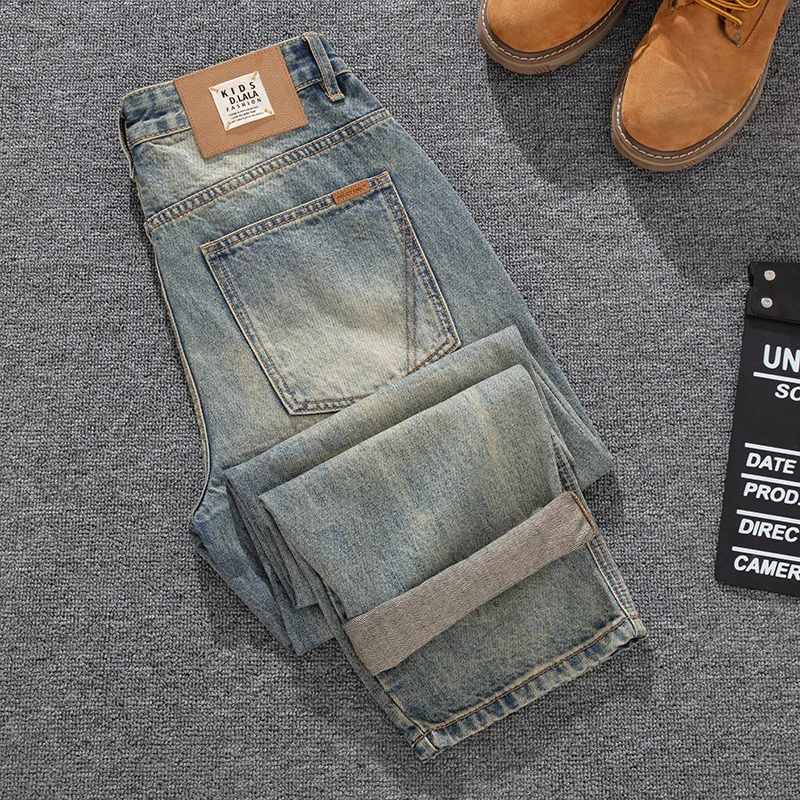 

Весенне-летние свободные прямые джинсы для мужчин, ретро и ностальгические, универсальные для молодежи, повседневные брюки желтого цвета грязи.