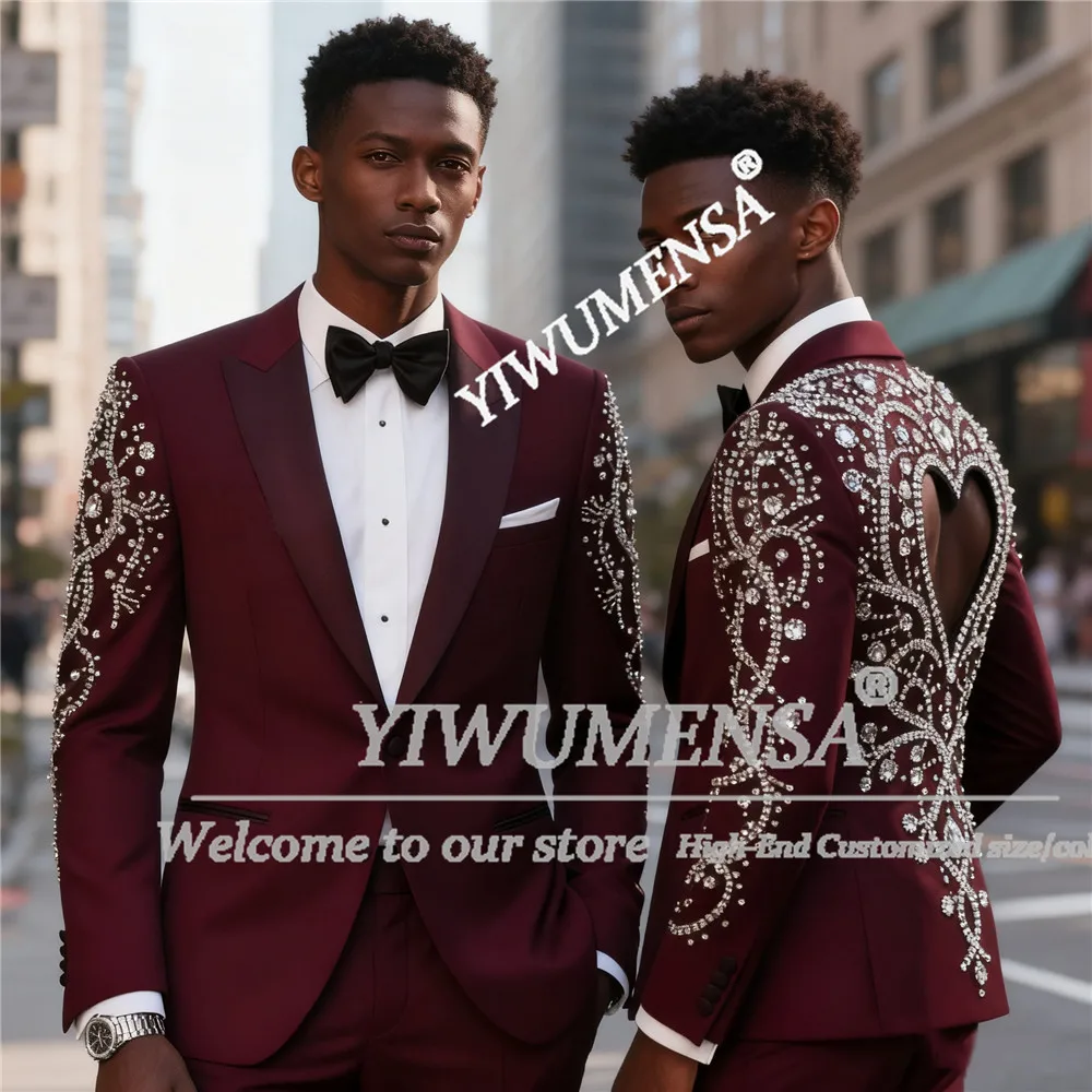 

Wine Red Suits Men 2 Pieces Sets Cut-Out Beaded Stones Groom Blazers Customized Man Business Outfits Slim Fit Wedding Tuxedos