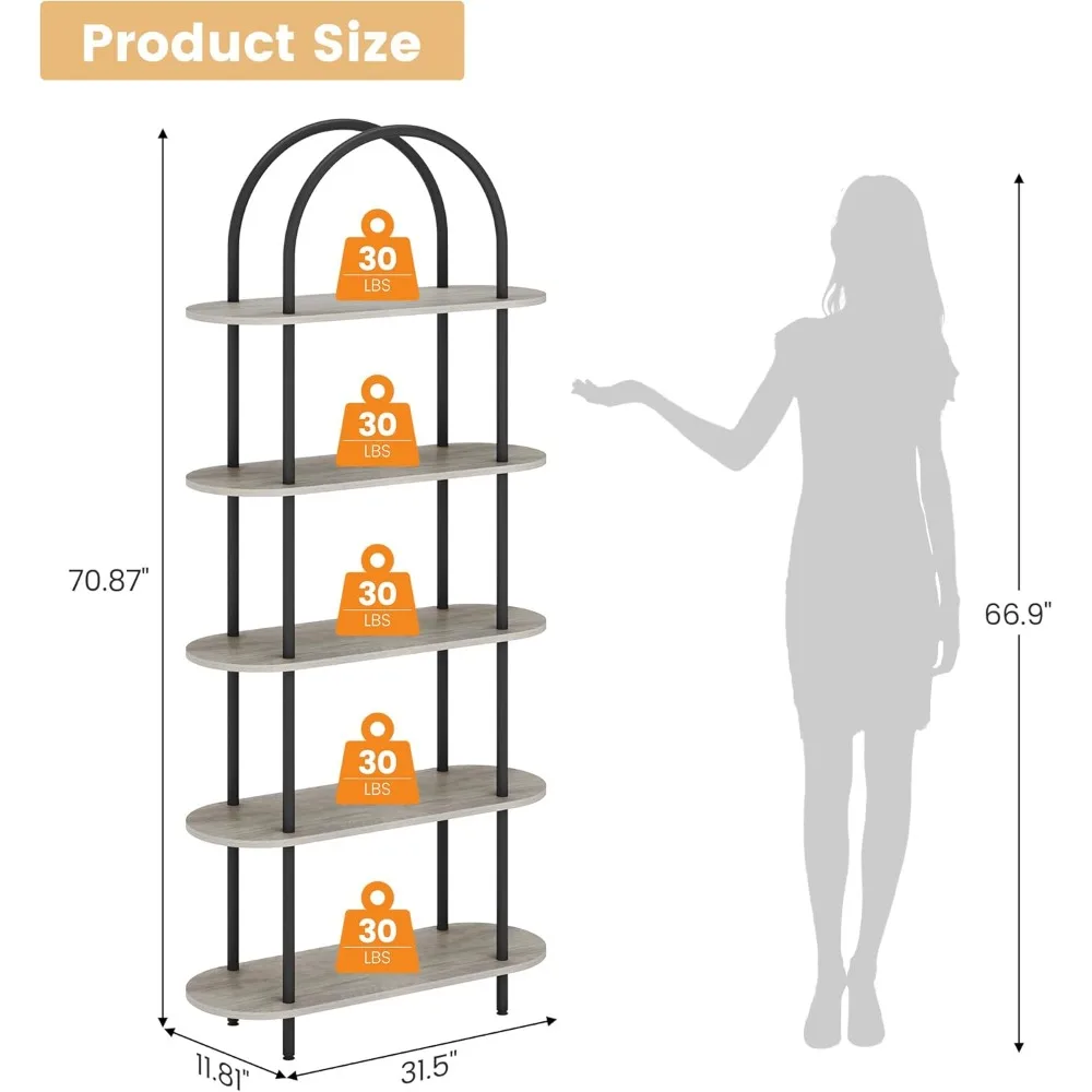 5-Tier Arched Bookshelf with Metal Frame for Home Display and Storage