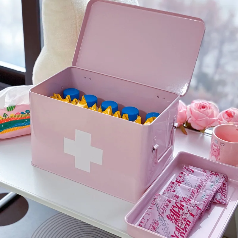 Pink Aesthetic Storage Organizer Box with Multi-Layer Compartments Large Capacity Medicine Cabinet for Home Girls Room Decor