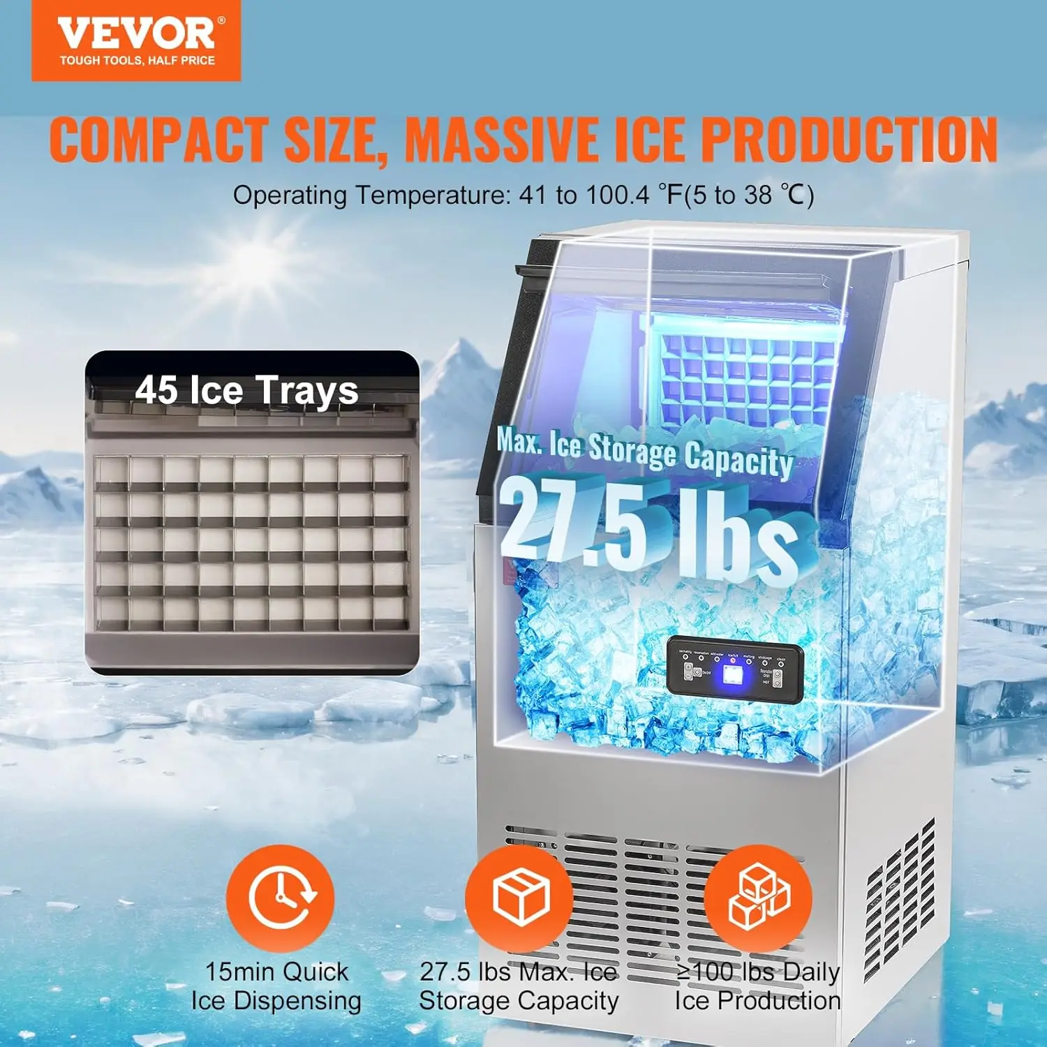 Commercial Ice Maker Machine, 100 lbs/24H Ice Maker Machine with 27.5 lbs Storage Capacity, 45 Ice Cubes in 12-15 Minutes,