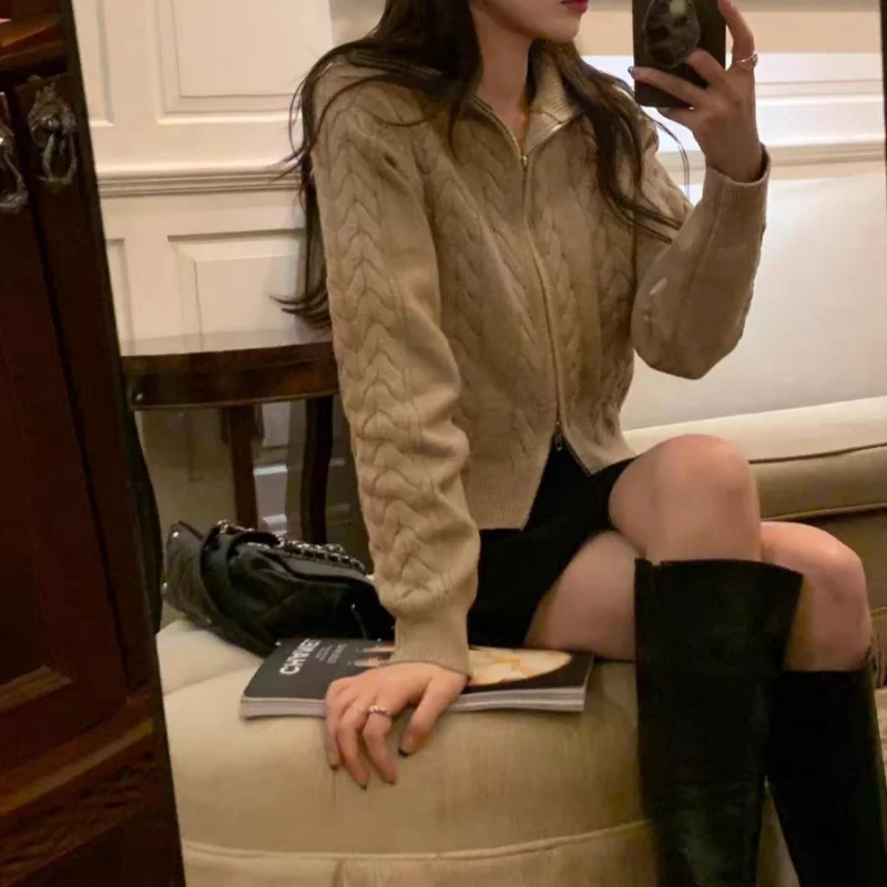 Cardigan 100% laine pour femme, Double fermeture éclair, col rabattu, couche extérieure, manteau épais en cachemire, nouvelle collection automne/hiver