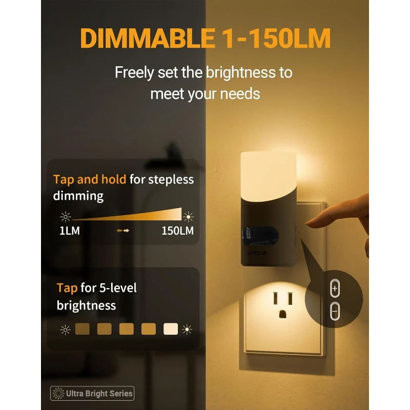 Lyridz LED-Nachtlichter stecken in die Wand mit Bewegungssensor, 1-150 lm dimmbares Plug-in-Nachtlicht für den Innenbereich für Schlafzimmer, -