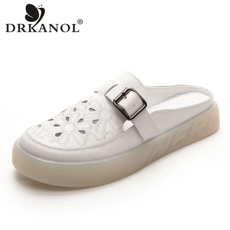 DRKANOL sandal selop wanita, sepatu sandal musim panas luar kasual sol datar empuk nyaman kulit asli ujung bulat