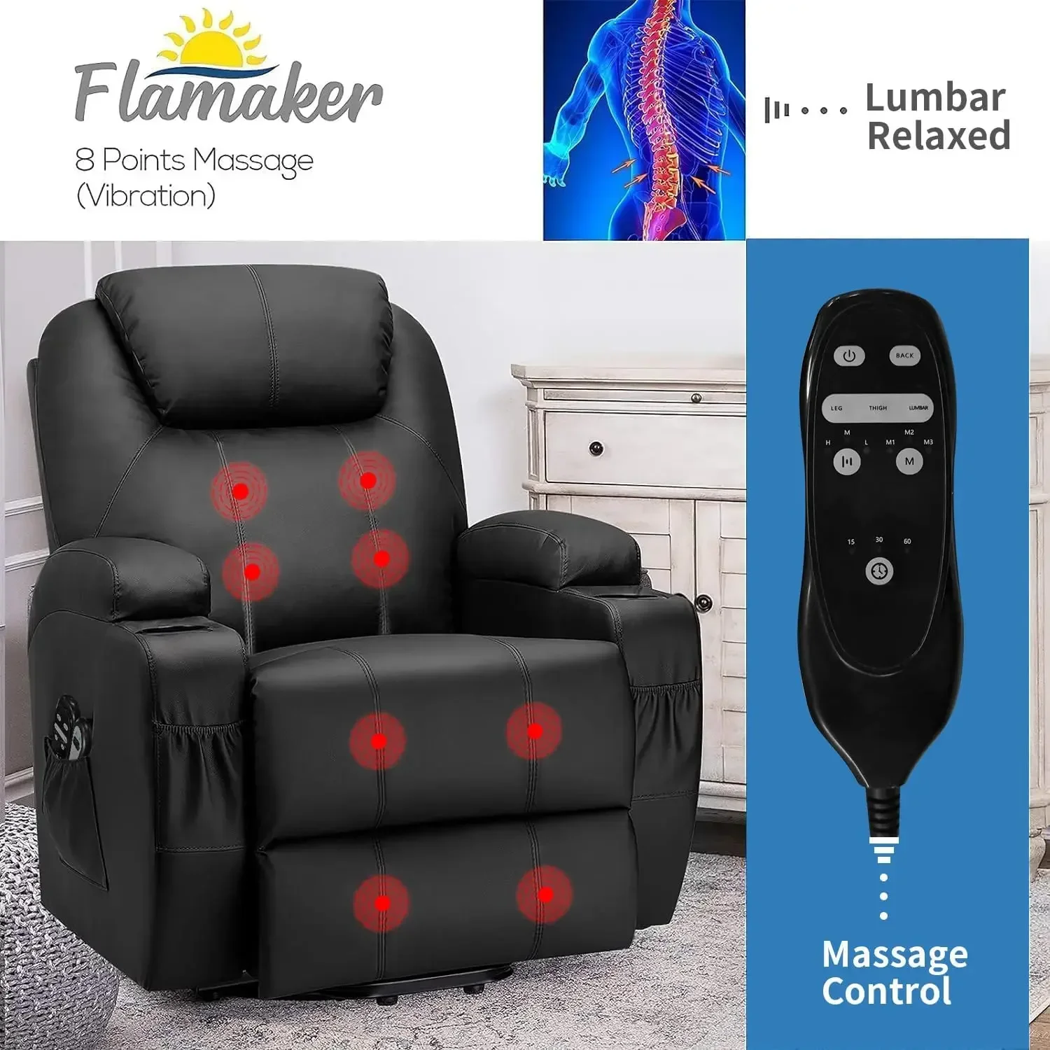 Flamaker Power Lift Liegestuhl aus PU-Leder mit Massage, klassisches Einzelsofa, Heimkino-Sitz (Leder, Hellschwarz)