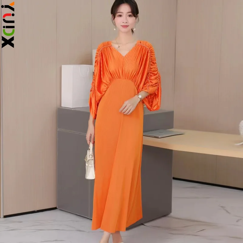 

YUDX Pleated French High Quality Bat Sleeve Splicing Fashion Color Collision High Waist Slim Women's Dresses 2024 Summer New