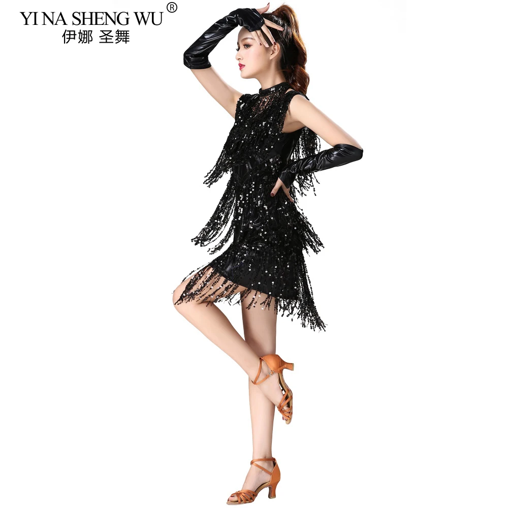 Latin Dance Clothes Women Latin Dance Stage Performance Competition Dress Dance Sequin Fringed Costume Skirt With Glove Necklace