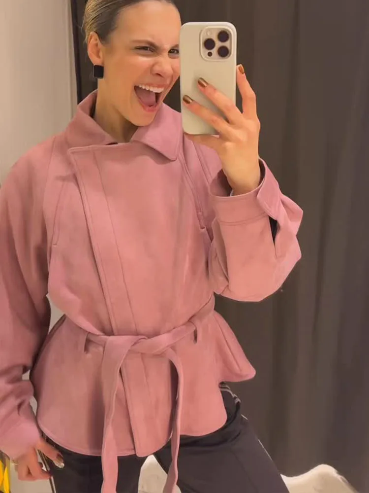 

HH Woman Chic Asymmetrical Zipper Belt Decoration Long Sleeves Short Jacket+Fashion Casual Slit Hem Midi Skirt Solid Skirt Suit