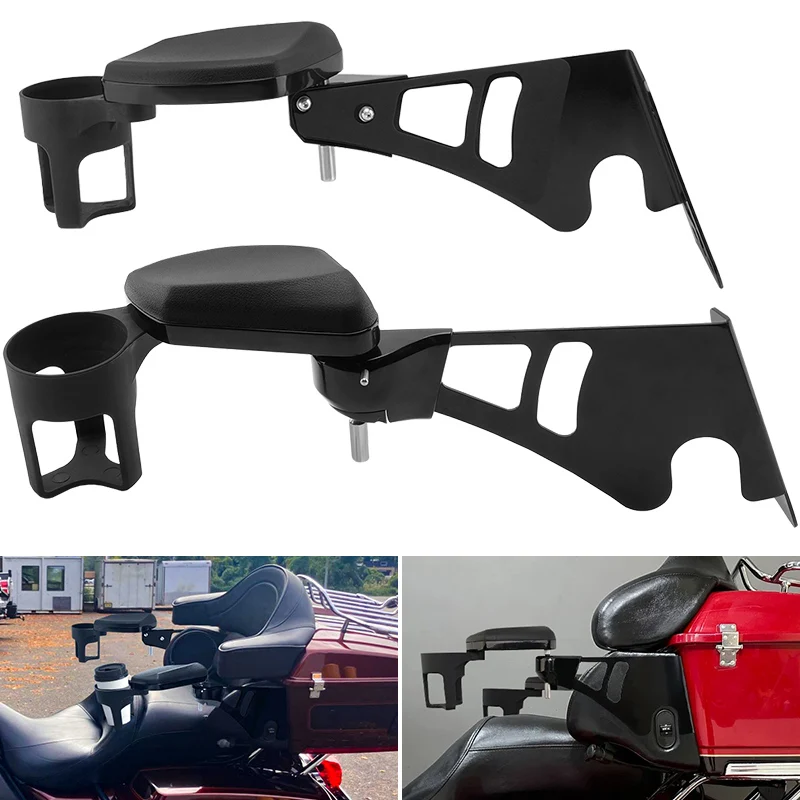 For Harley Touring Tri Glide Electra Glide 1997-2013 Motorcycle Black Rear Passenger Armrests Comfortable Drink Cup Holder