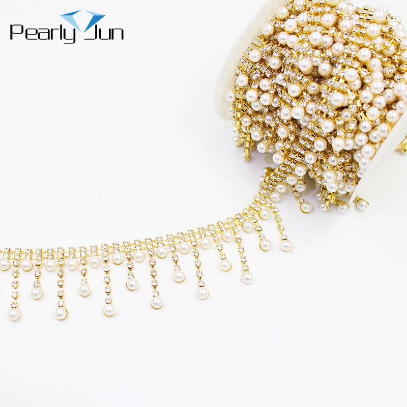 1/5 Yards Pearl Tassel Crystal Metal Chain DIY Decoration Welding Rhinestone Trim Sew on Clothing Shoes Bag Accessories ML172