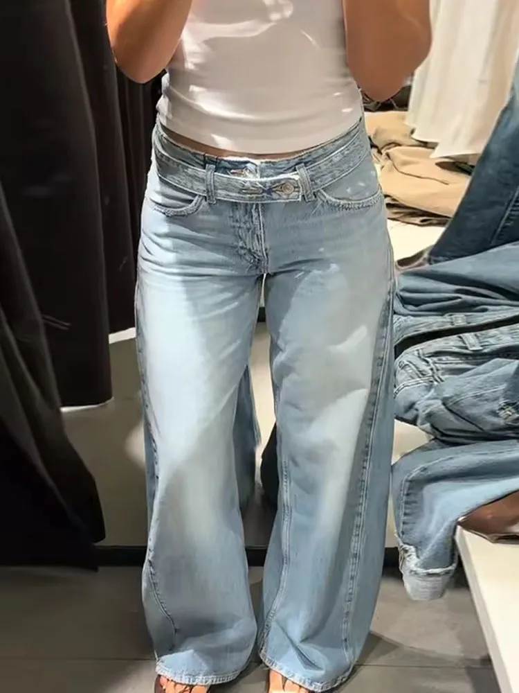 Retro Low-Rise Baggy Wide Leg Jeans 2026 Chic with Waistband Pocket Women Denim Pants Causal Versatile Lady Street Y2k Bottoms