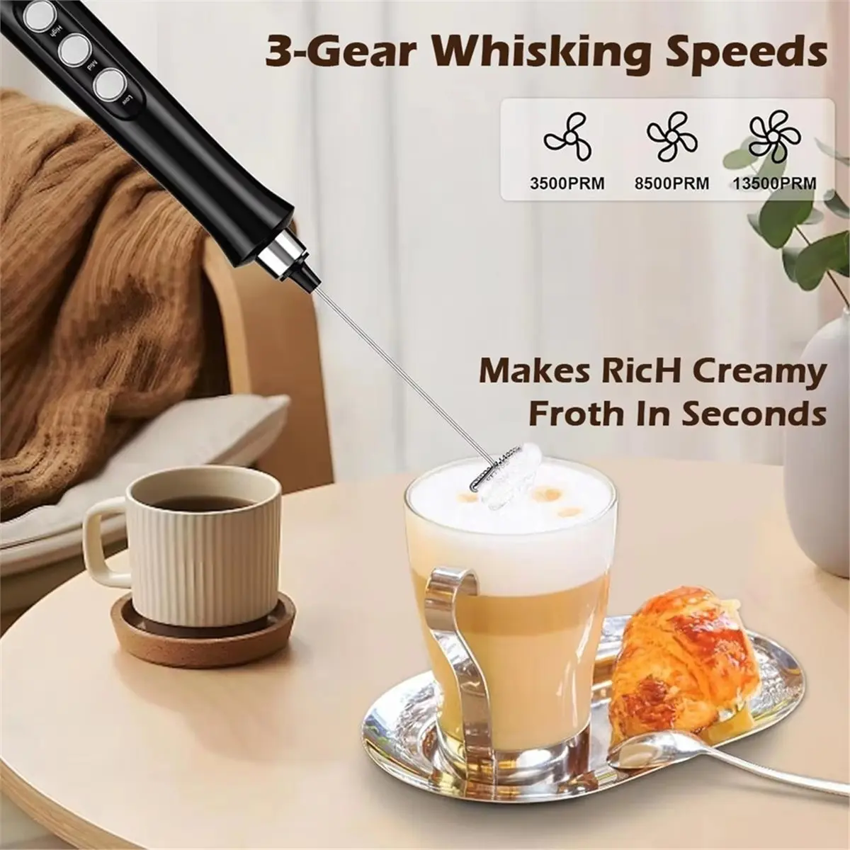 [Vend for]Wireless Rechargeable Electric Milk Frother Handheld Foam Maker for Latte, Cappuccino, Hot Chocolate - USB Rechargea