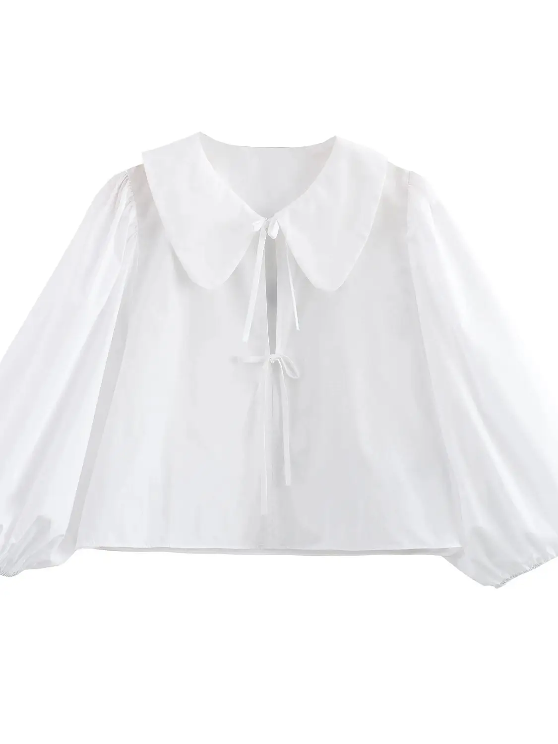 XNWMNZ 2024 Women's Fashion Crop Poplin Blouse Women High Street Peter Pan Collar Lantern Sleeve Tie Female Chic Top