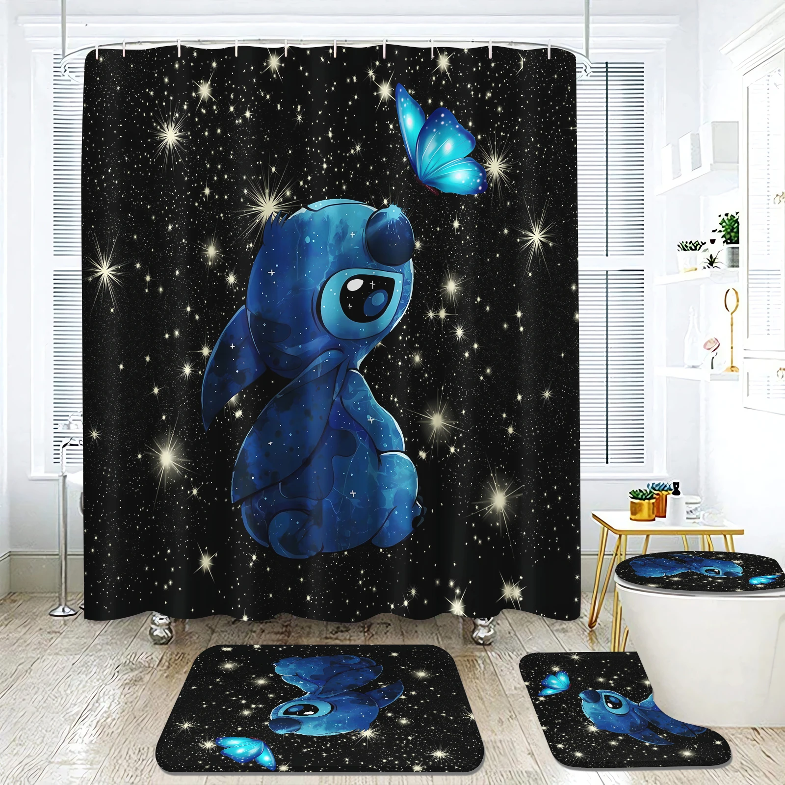 Disney Stitch 4 Piece Shower Bath Cartoon Anime Cute Curtain Bathroom Luxury Decorations And Accessories Sets Full Set Mats