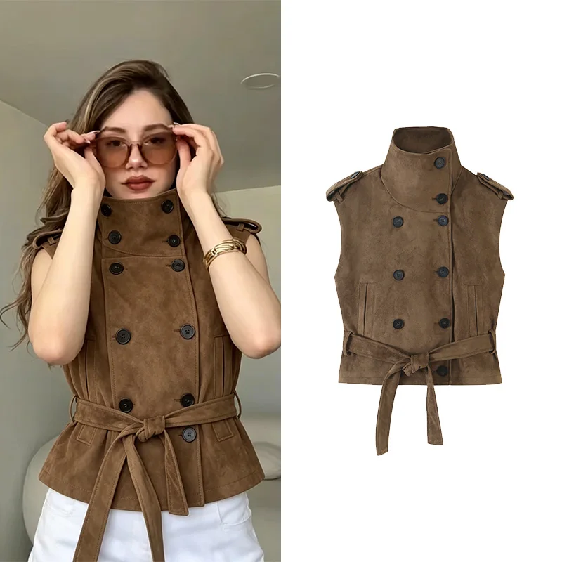 HipSeam Women's Faux Suede Tank Top With Belted High-Collar Shoulder Tabs Double-Breasted Woman Waistcoat Simple Female Tops