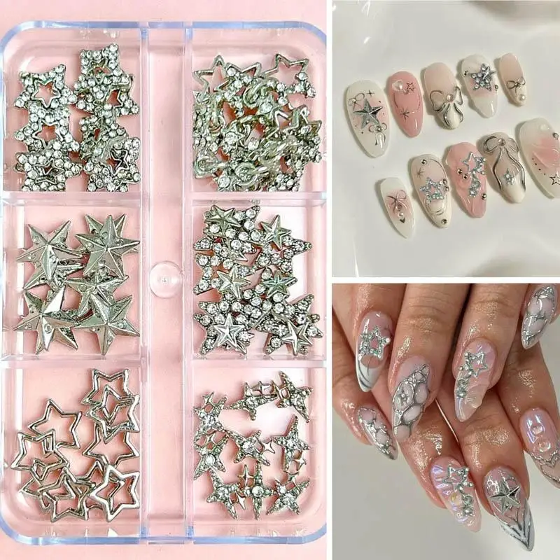 1Box minimalist ische Legierung Pentagramm Nagel Charms ausgehöhlte Sterne Mini Strass eingelegte Nail Art Dekoration DIY Maniküre liefert