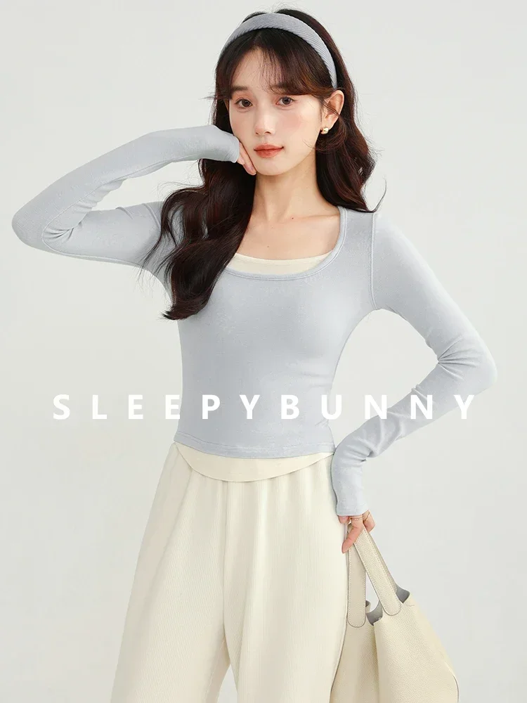 

Women Spring Autumn U-Neck Knit Top Slim Fit Long Sleeve T-Shirt Sweet Korean Layered Design Elegant Petite Style Casual Inner