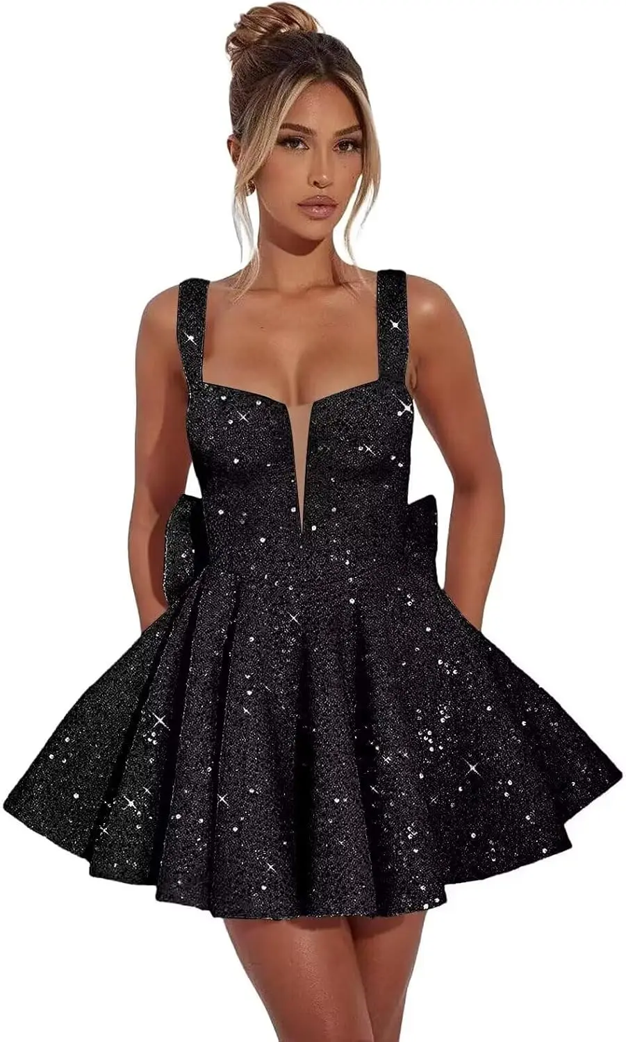 

Короткие блестящие платья для встречи выпускников с пайетками для подростков 2025, милое струящееся пышное мини-коктейльное платье трапециевидной формы с бантом выше колена, мини