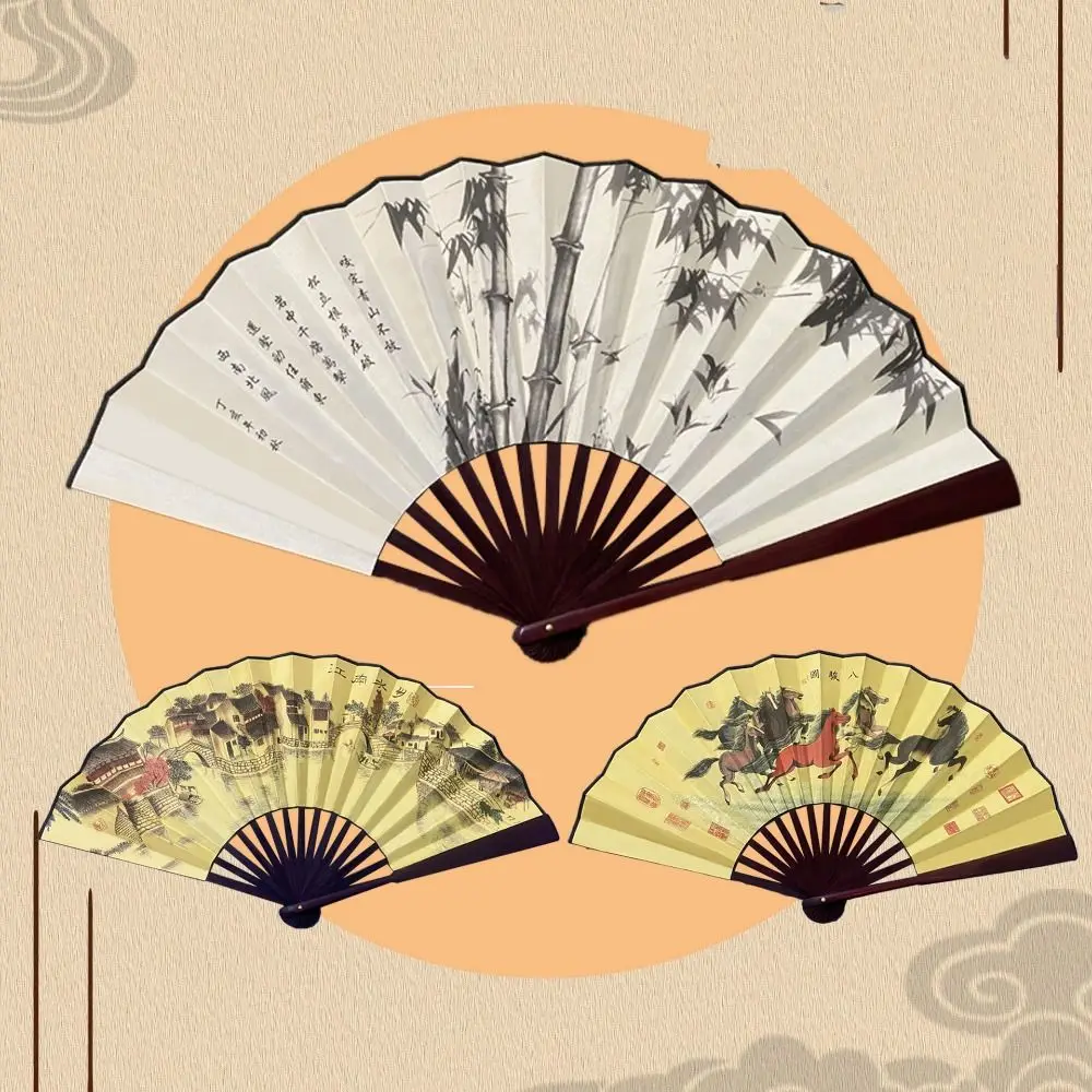 Folding Fan Chinese Retro Style Big Bamboo Fan Folding Silk Cloth Fan Decorative Portable Dance Wedding Party Favors