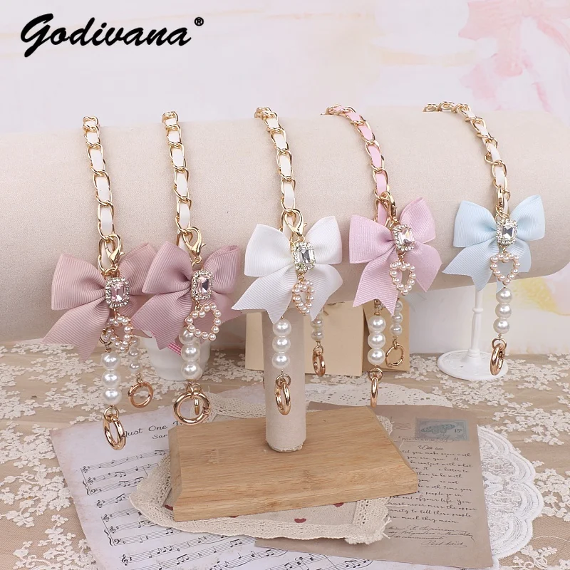 Sweet Japanese Mine Bow Rhinestone Love Cute Short Bag Accessories Sweet Pearl Chain Bag Strap Girl Women's Hand Straps