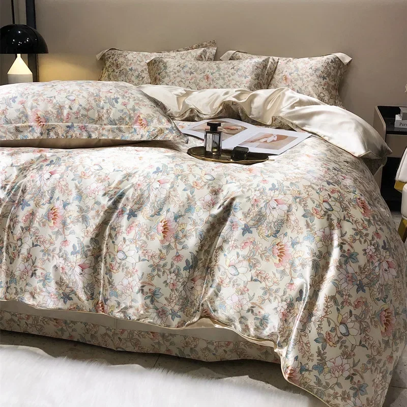 

Floral Mulberry Silk Bedding Set with Duvet Cover Bed Sheet Luxury High-end Quilt Cover Fitted/Flat Bedsheet Double Queen Size