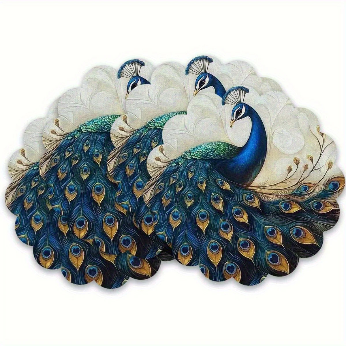 VIKAMA 4PC Pfau Öffnung Bildschirm Kunst Mahlzeit Matte Blau Grün Gold Feder Krone Schwanz Feder Esstisch Dekoration