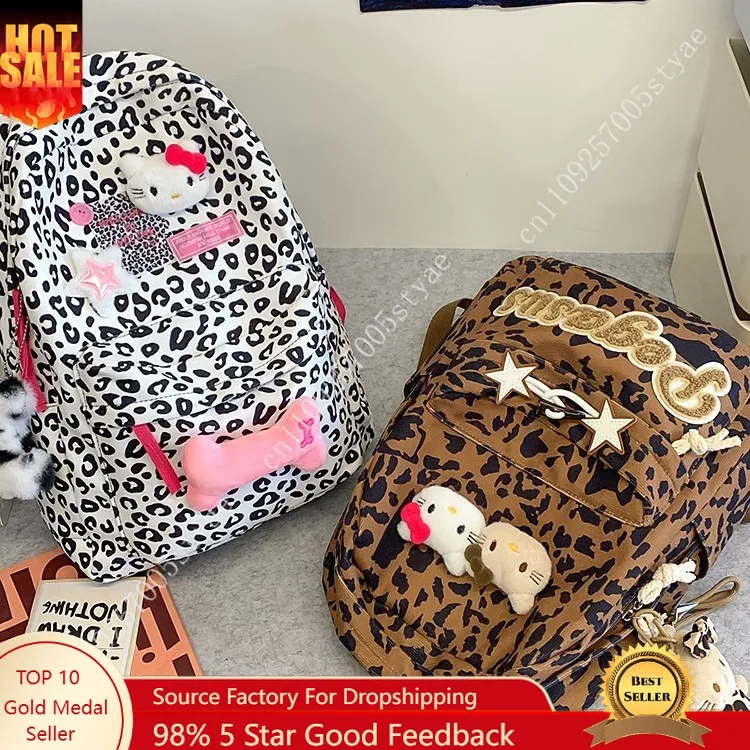 

Рюкзак Hello Kitty 2026 с леопардовым принтом, большой вместимости, для школьников средних и старших классов, с акцентами в виде звезд и костей