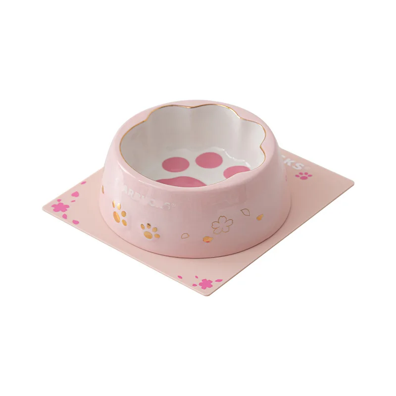 Cute Style Cat Bowl Same Style Pet Bowl Cherry Blossom Pink Cat Claw Bowl Water dispenser Cat and Dog Food Pot Ceramic with Mat