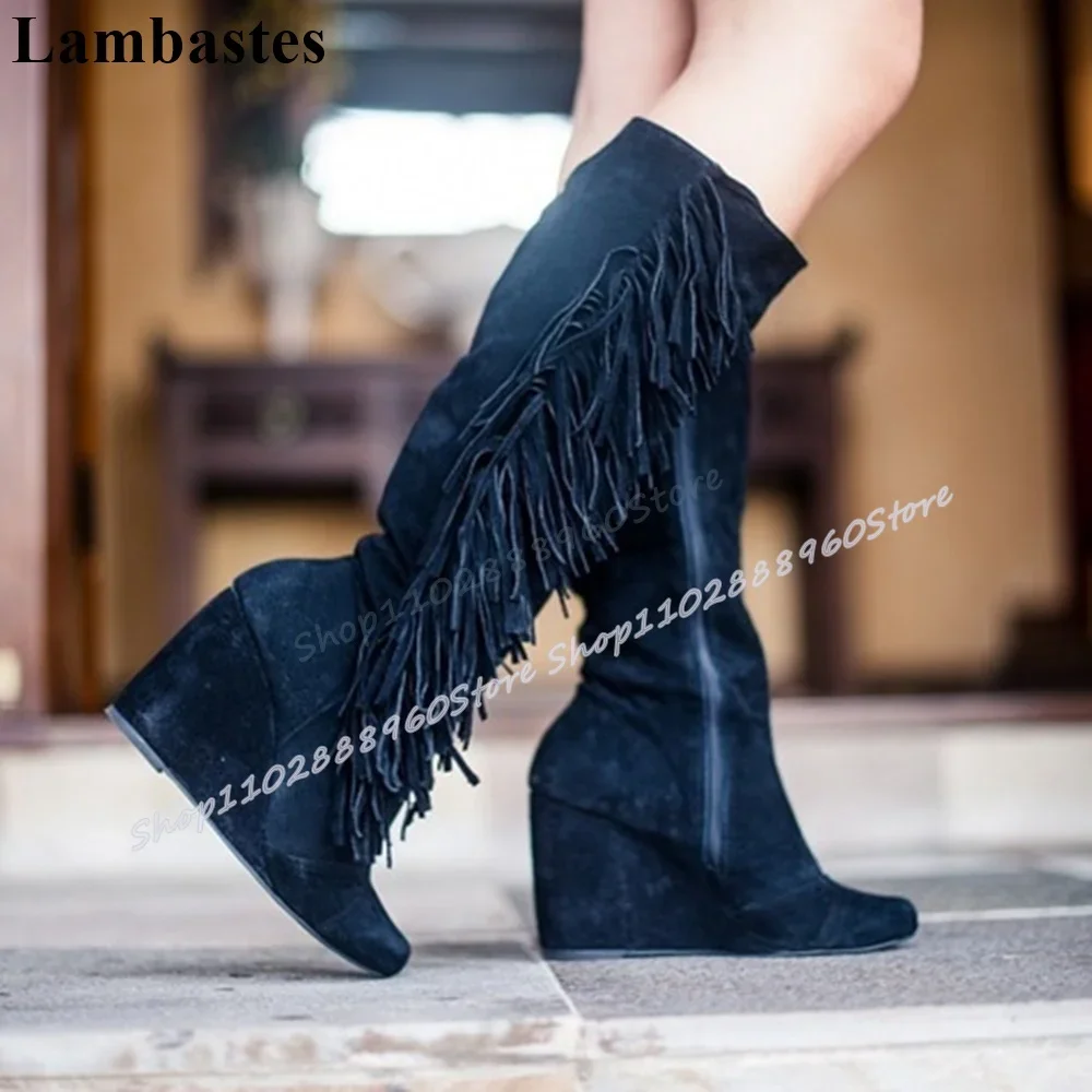 

Knee High Black Flock Tassels Boots Wedges High Heel Shoes For Women Side Zipper Pointed Toe Casual Stylish Solid Women Boots