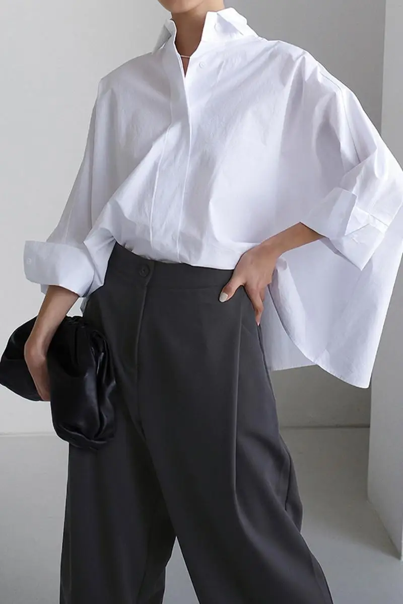 Women's long-sleeved shirt women loose white cloak bat sleeve Irregularity blouse