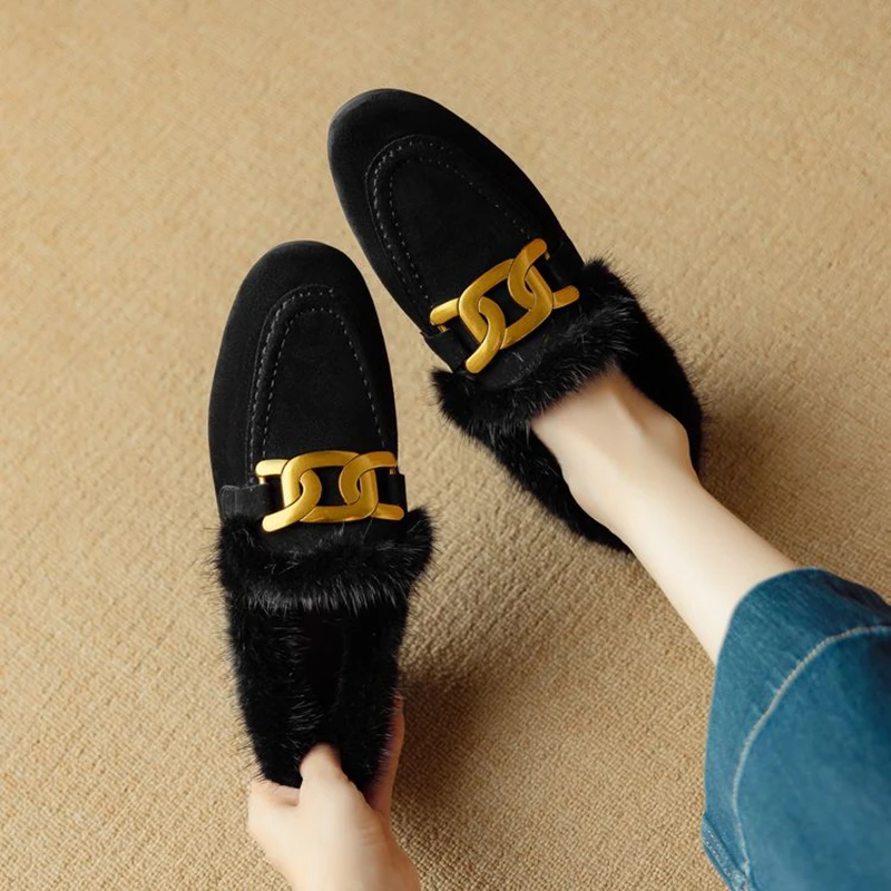 NEW Winter Women Pumps Sheep Suede Leather Shoes for Women Round Toe Low Heel Shoes Slip-on Black Women Loafers Warm Plush Shoes