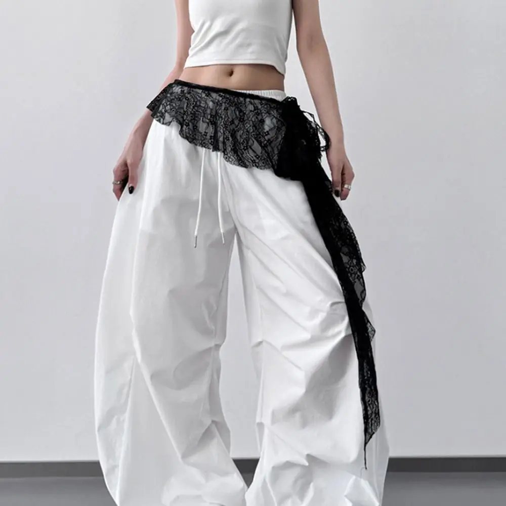 Jeans Pants Decor Embroidered Flower Lace Mini Skirt See Through Irregular Ruched Skirts Lace-up Design High Waist Butt Curtain