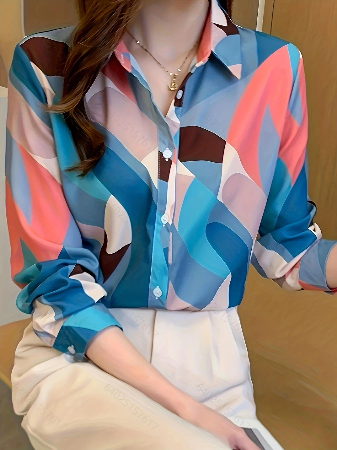 Color block contrast polo collar button down shirt, spring and fall casual long sleeve shirt, women's clothing