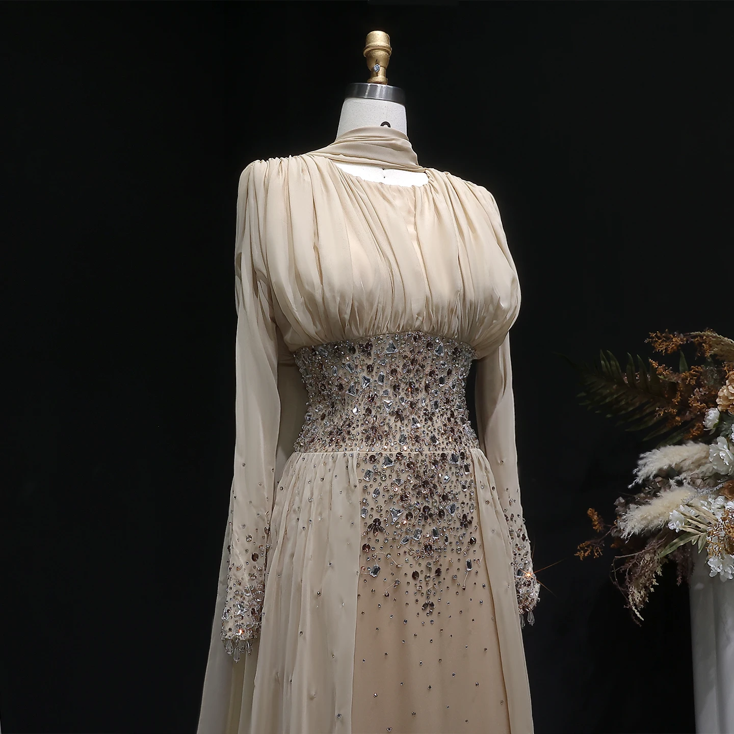 Sharon Said 2026 Dubai Elegantes Champagner-Chiffon-Abendkleid mit schweren Kristallen, formelle Abendkleider für Damen SS533, individuell anpassbar – Detail 6