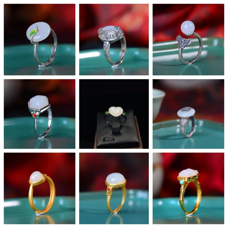 

925 Enamel Peace Heart-Shaped Hetian Jade Noodles Plain Silver Ring