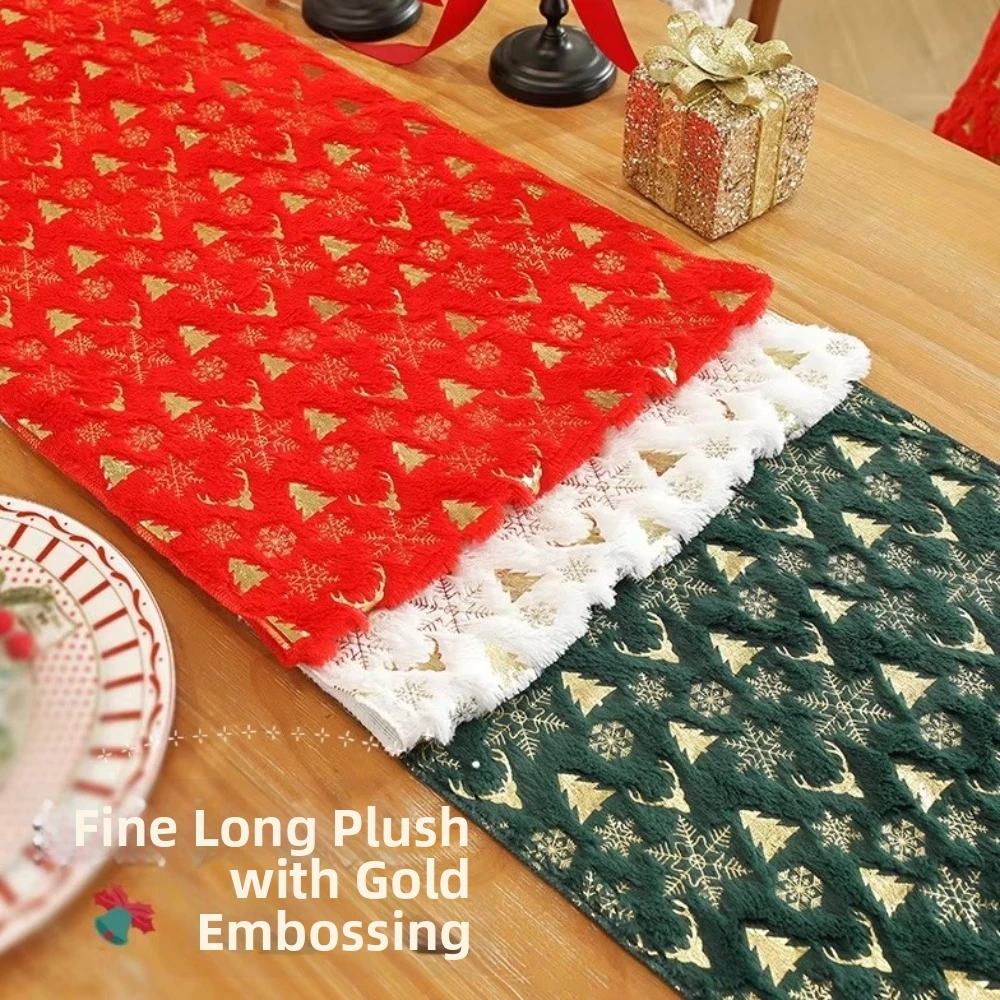 Embroidered Christmas Table Runner Long Strip Soft Antlers Printed Tablecloth Christmas Tree Pattern Thickened Table Decoration