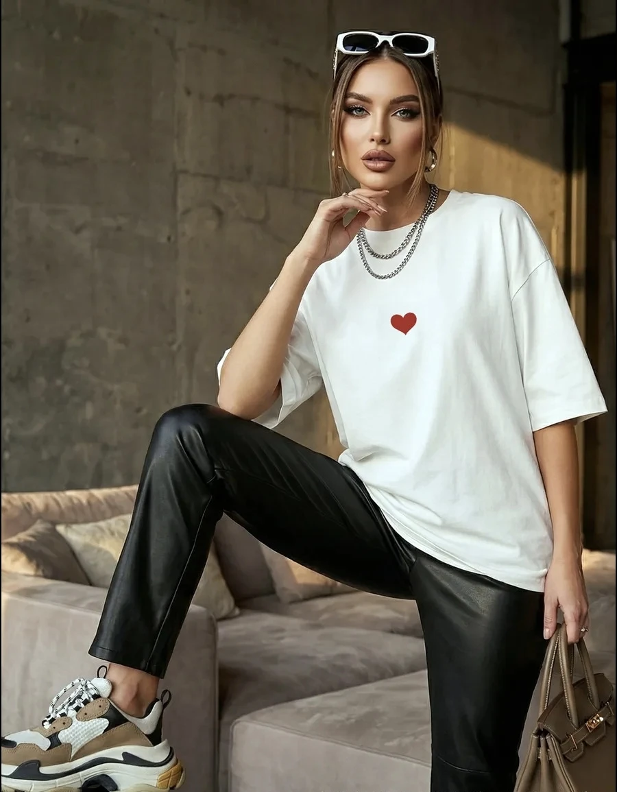 Casual Fashion Loose Short Sleeve T-shirt Printed round Neck Top for Women Cotton Sweat Absorbent Comfortable Commute Style