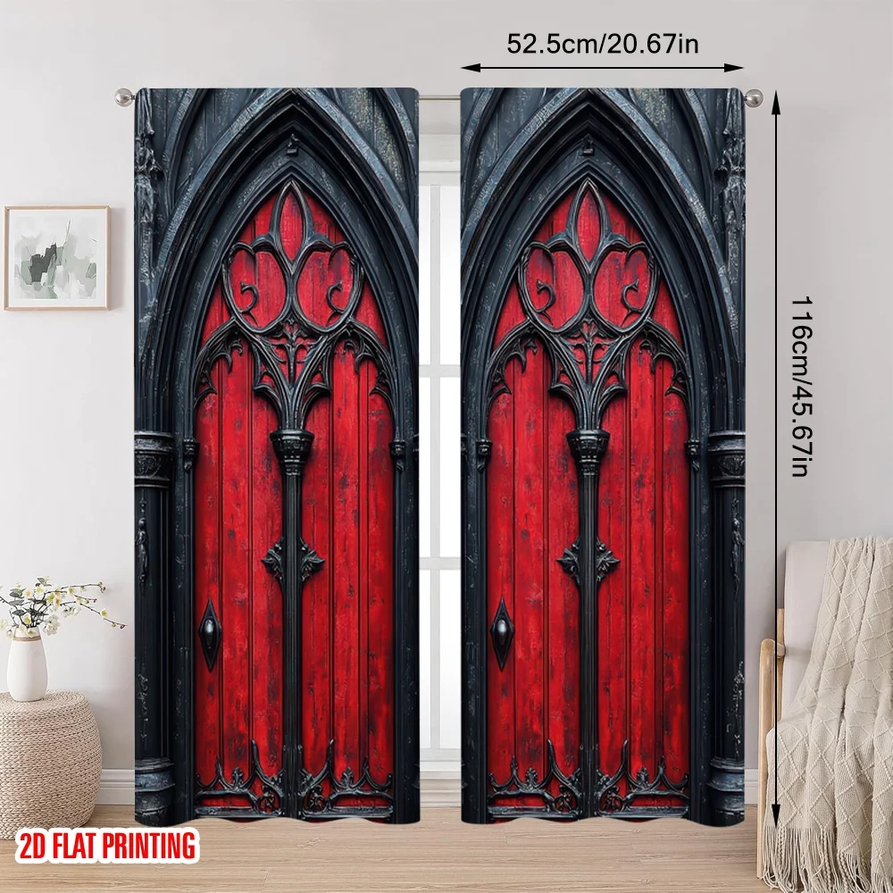 2pcs 2D flat printing Window Curtains Gothic Door Red Wood Artwork Fabric Without Electricity Festive Curtains Perfect for