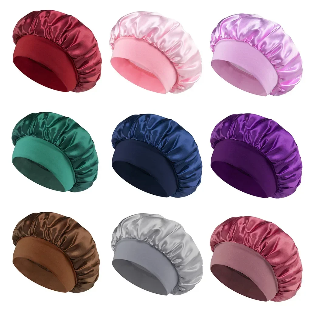 

New Women's Satin Solid Wide-brimmed Sleeping Hat Unisex Head Wrap Elastic Band Cap Hair Care Bonnet Night Hat bonnet de nuit