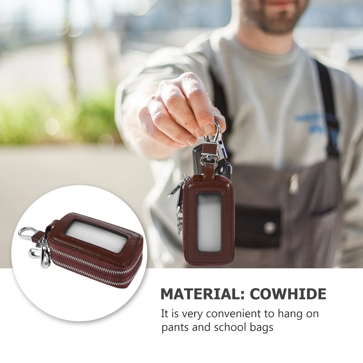 

1Pcs Hanging Waist Key Pouch Cattlehide Car Key Holder with Zipper Protection Against Loss Scratch Organized Storage