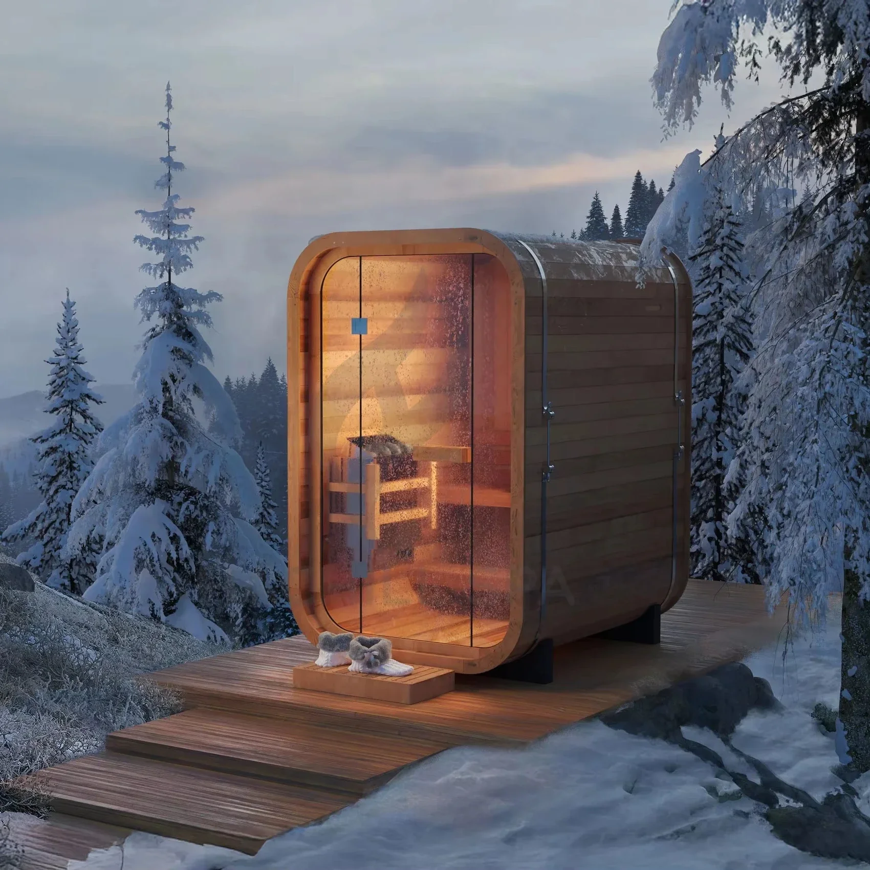 xx-Hachillspa 2-Person Outdoor Sauna Room With Panoramic Tempered Glass Window Solid Wood Construction