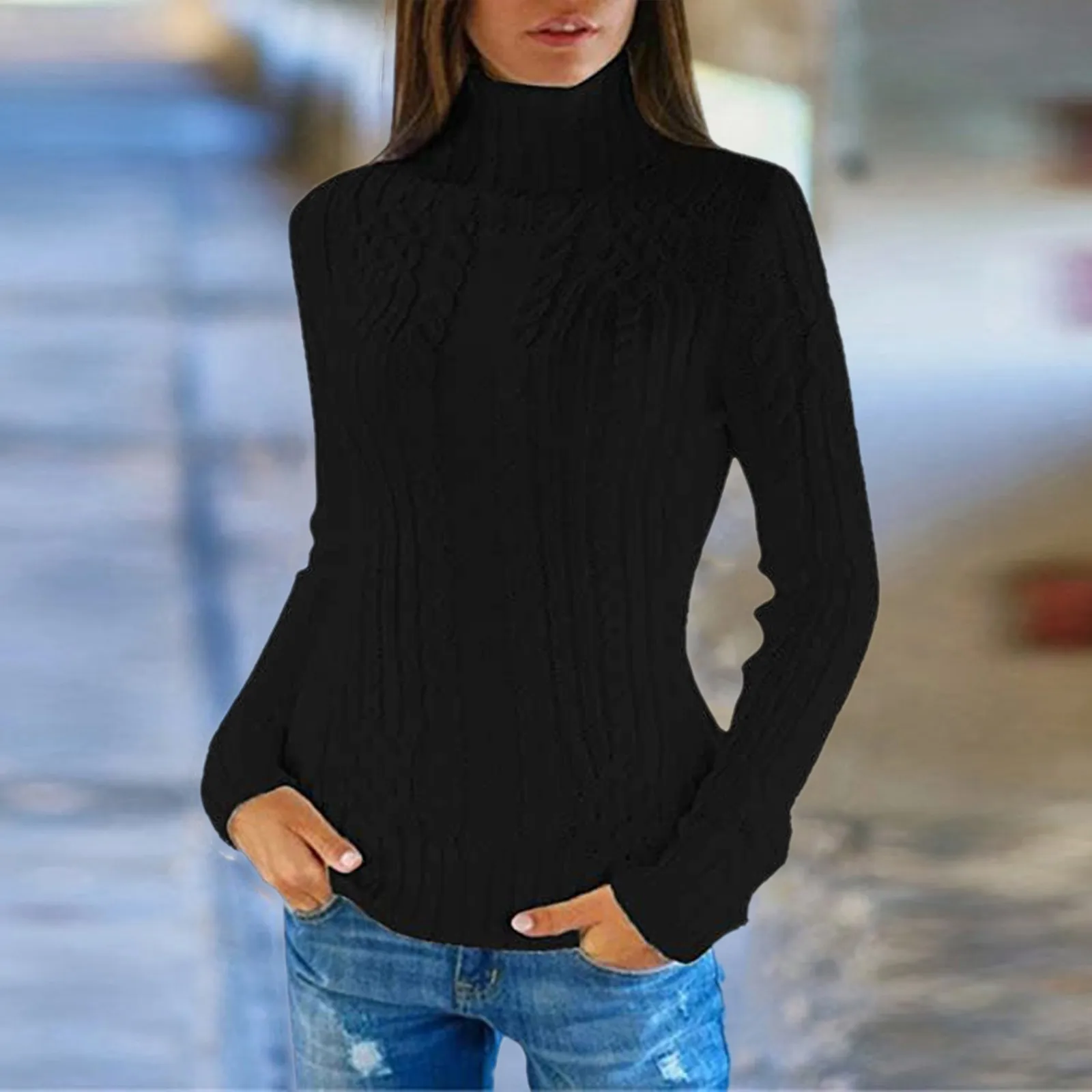 Suéter de punto de manga larga con cuello alto para mujer, suéter suave básico de Color sólido, Regular, Otoño e Invierno