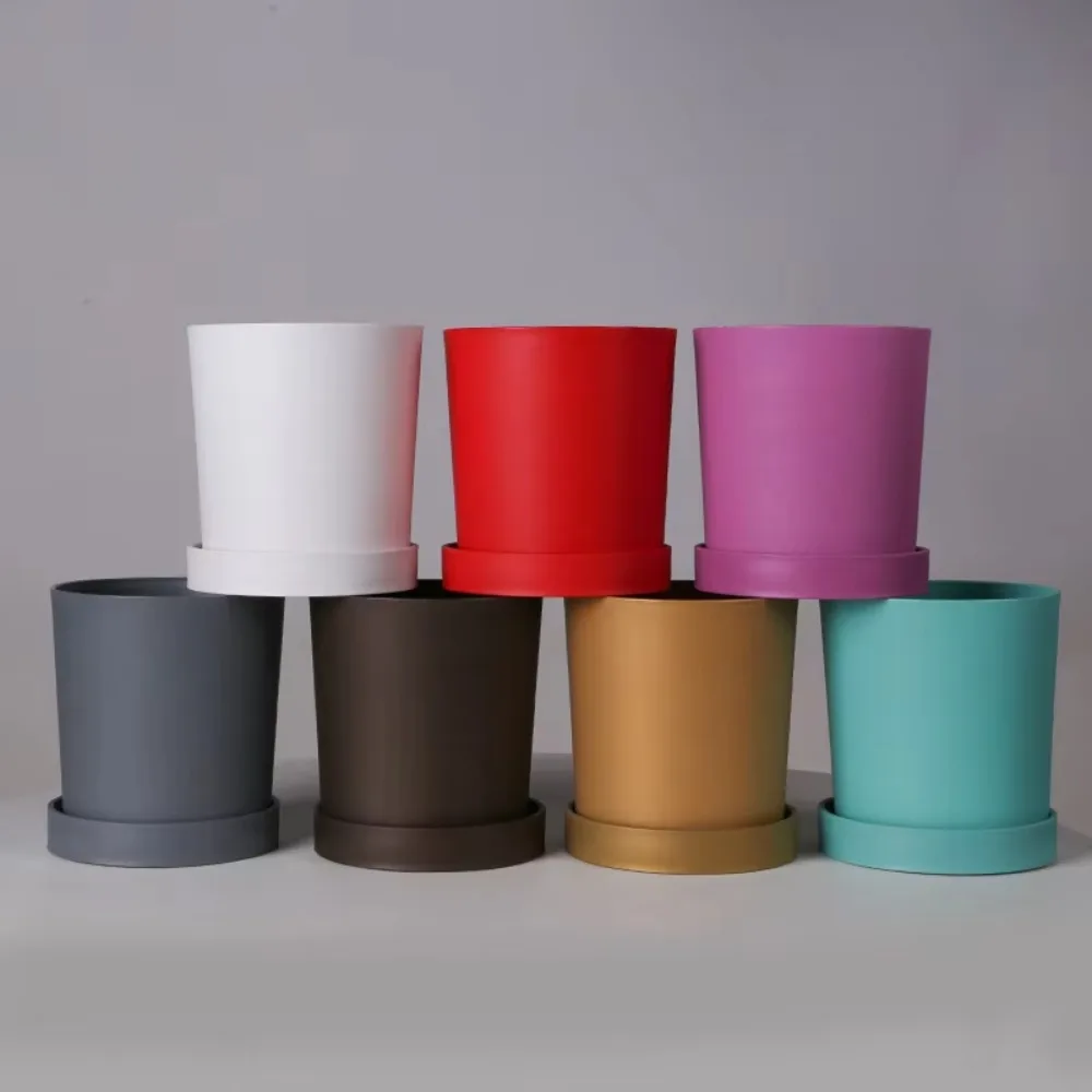 

Garden With Tray Flower Pot Plastic Round Flowerpot Breathable Solid Color Decorative Pots