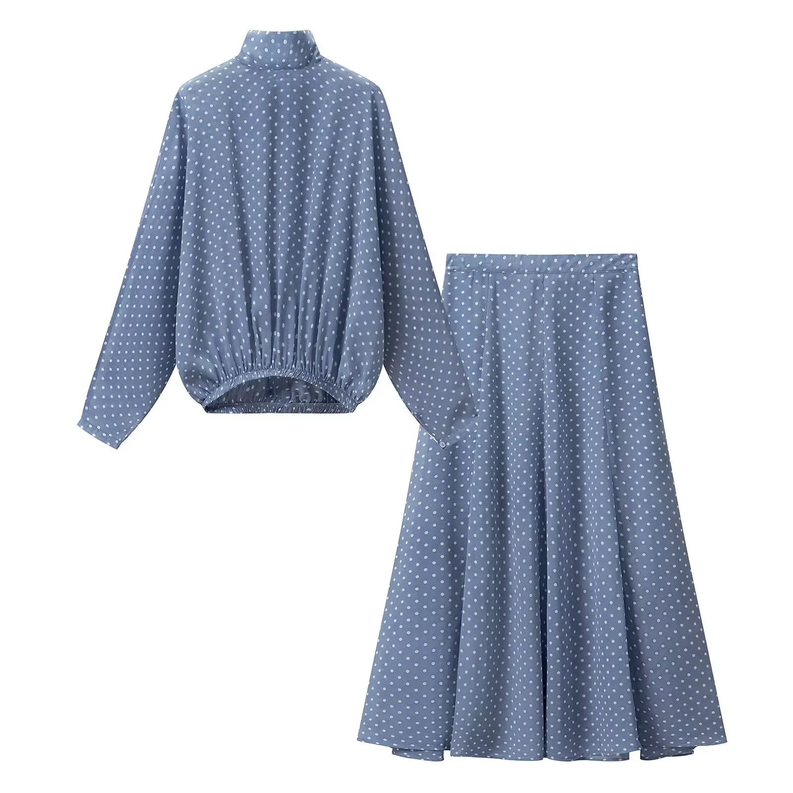 Two Piece Skirt Set Polka Dot Chiffon Bow Tie Matching Outfit for Women - Blue Suit