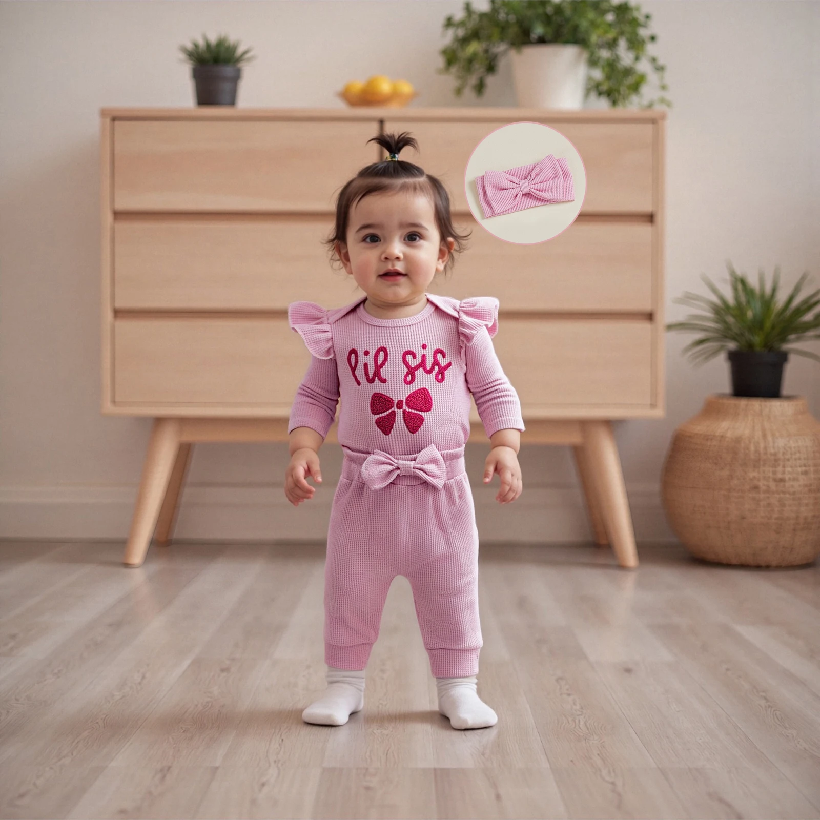 

Одежда для маленьких девочек, комбинезон с длинными рукавами и вышивкой букв, штаны и повязка на голову, комплект одежды из 3 предметов, осенняя одежда