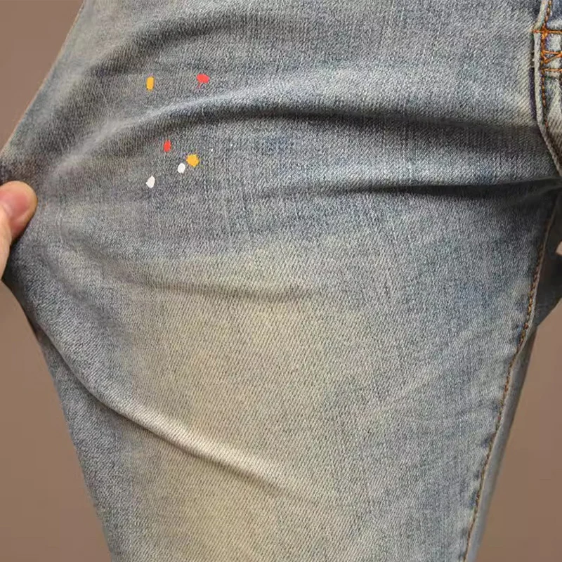 Streetwear Fashion Men Jeans Retro Blue Elastic Skinny Fit Ripped Jeans Men Painted Designer Trousers Vintage Denim Pants Hombre
