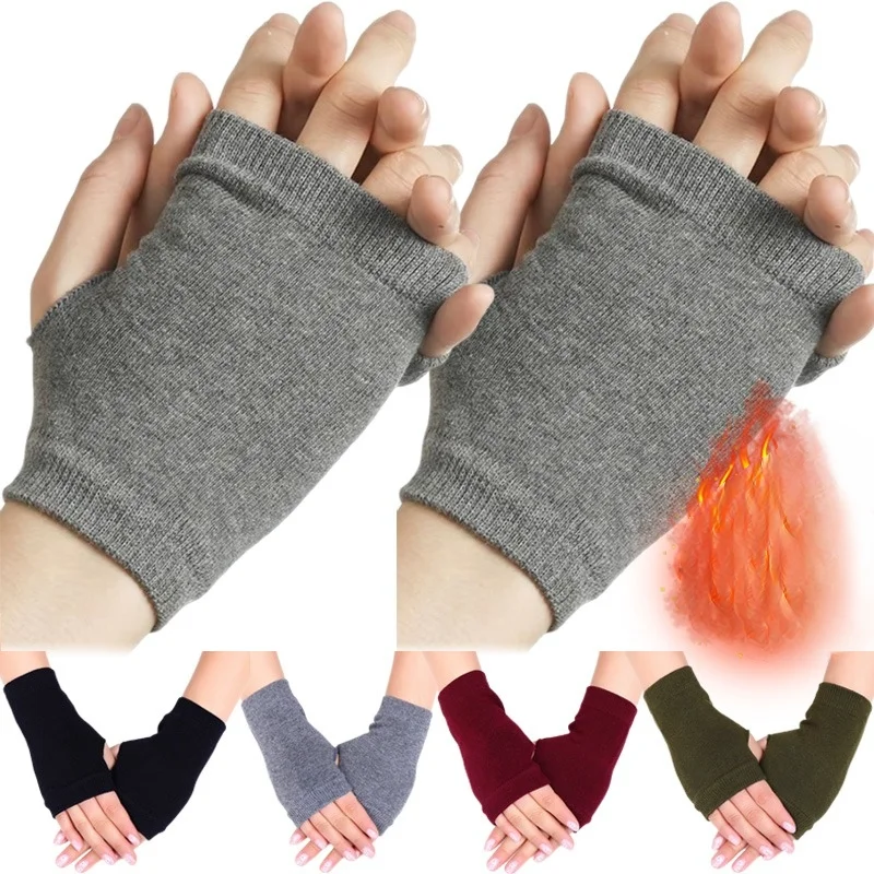 

1Pair Winter Half Finger Gloves Knitted Fingerless Mittens Warm Cuff with Thumb Hole Stretchy Short Hand Warmer for Men Women