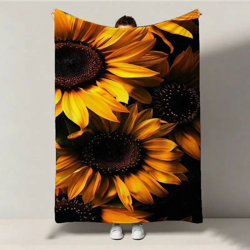 

1pc Luxury Sunflower Flannel Blanket - Black/Yellow Thick Plush, All-Season Christmas/Birthday/Mother’s Day Gift