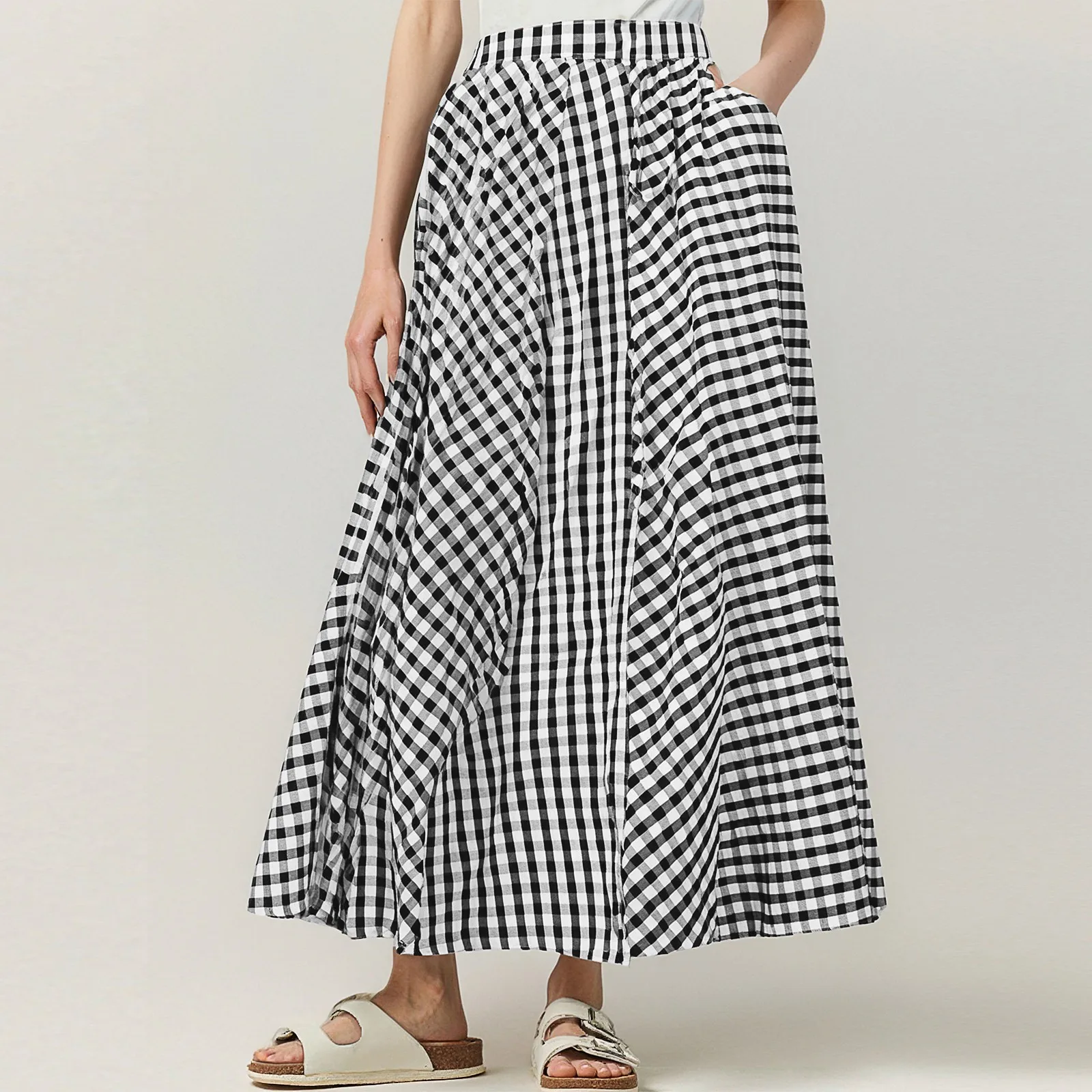 

Ladies' Fashionable Elegant Versatile Temperament Plaid Mid Length High Waist Large Swing Skirt With A Sense Of Drape Half Skirt
